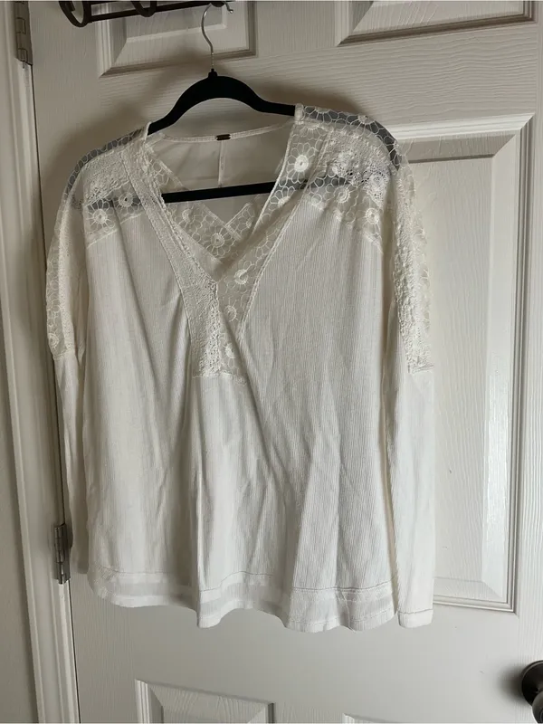 Free People Lola Lace Thermal Knit Long Sleeve Woman’s Top Cream S - Image 2