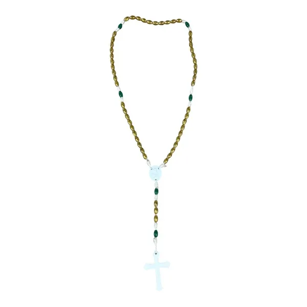 Unisex Catholic Rosary Necklace Gold Green White Plastic Beads Crucifix Pendant - Image 4