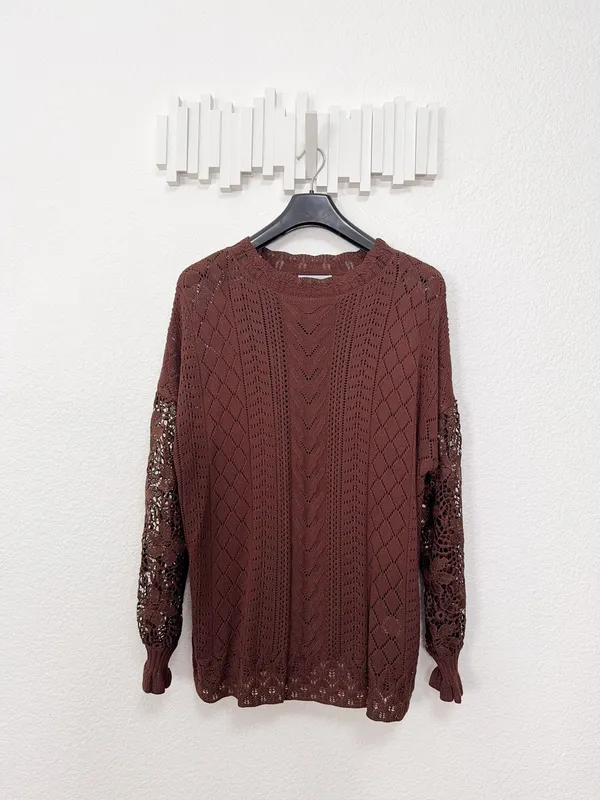Miss Sparkling Brown Crochet Lace Open Knit Long Sleeve Boho Sweater Top XL - Image 2