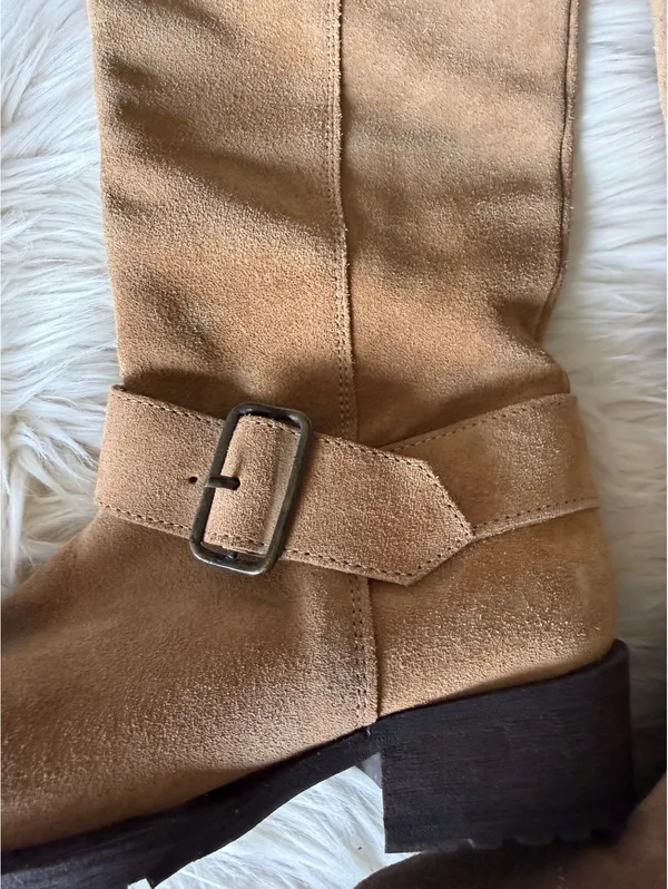 Sundance Tan Suede Knee High Boots with Buckle Detail - Image 5