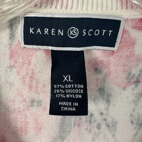 Karen Scott Floral Button Front Cardigan Sweater White Red Pink XL - Image 4