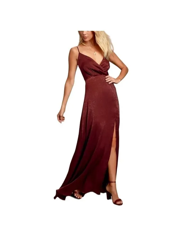 Lulus Burgundy Satin Maxi Dress Size XS NWT Wedding Pom Concert Party Pom - Image 3