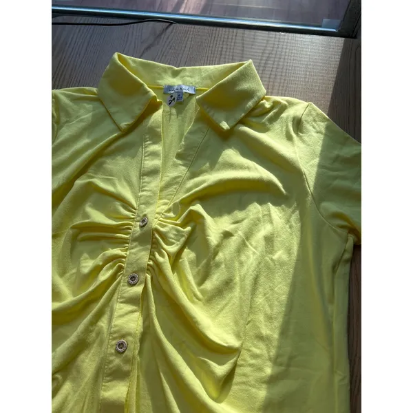 New Women's White Birch button Up Ruched Shirt Super Soft Stretchy Yellow Medium - Image 5
