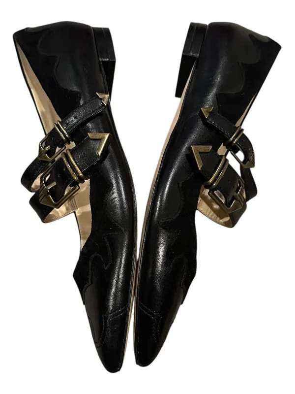 Nine West Black Pointed Double-Buckle Suede Leather Mary Jane Flats Alina 6 - Image 4