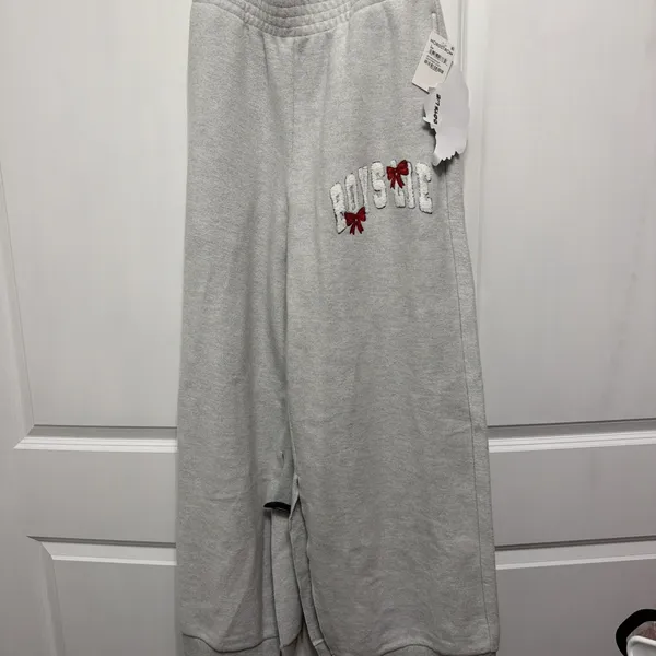 Boys Lie Women's Gray Wide-Leg Fleece Sweatpants Logo Split Hem Elastic Waist - Image 2