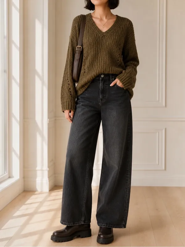 John + Jenn Constance Sweater M Olive Green V Neck Open Knit Oversized Revolve - Image 13