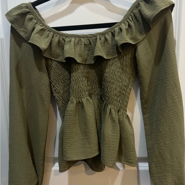 Altar’d State Olive Green Peplum Ruffled Blouse - Image 3