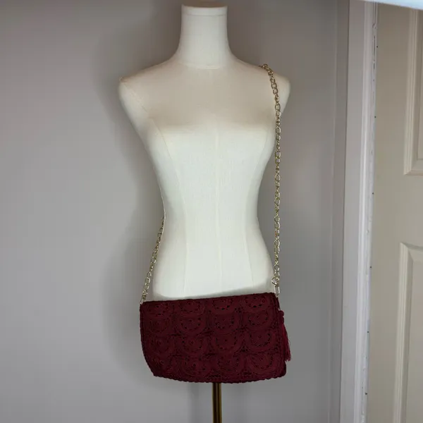 Crochet Chain-Shoulder Clutch - Burgundy - Image 7