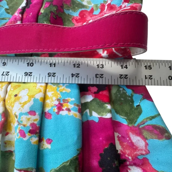 Chetta B‎ Floral Turquoise Fit Flare Dress Size 6 Pink Belted Sleeveless Garden - Image 7