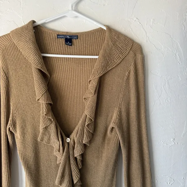American Living Y2k Sweater‎ Small Ruffle Trim Ribbed Knit Cardigan Top Coquette - Image 2