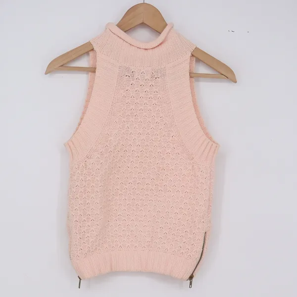Neely Sweater Vest Womens Small Peach Pointelle Mock Neck Side Zip Excellent - Image 5
