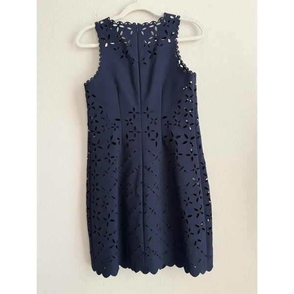 J.Crew Navy Blue‎ Laser Cut Shift Eyelet Dress Lined Sleeveless Womens Size 2 - Image 8