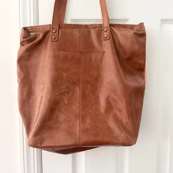 The Sak Tan Leather Patchwork Fabric Embellished Boho Top Zip Shoulder Tote Bag - Image 9