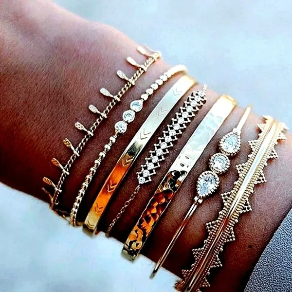 NEW Solid Gold‎ Plated 7 pc Boho Stacking Bracelet Set - Image 2