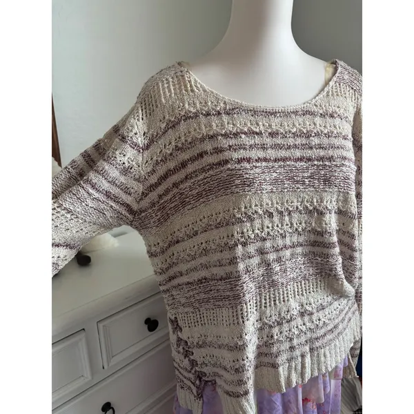 Boho Crochet Knit Sweater Striped Lace Up Side Pointelle Cottagecore Cream Red - Image 2