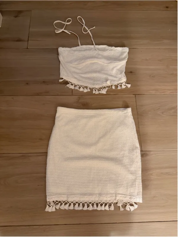 NEW Cream Crochet Halter 2-Pc Set Tassel Trim Crop Top & Bodycon Skirt XL - Image 4
