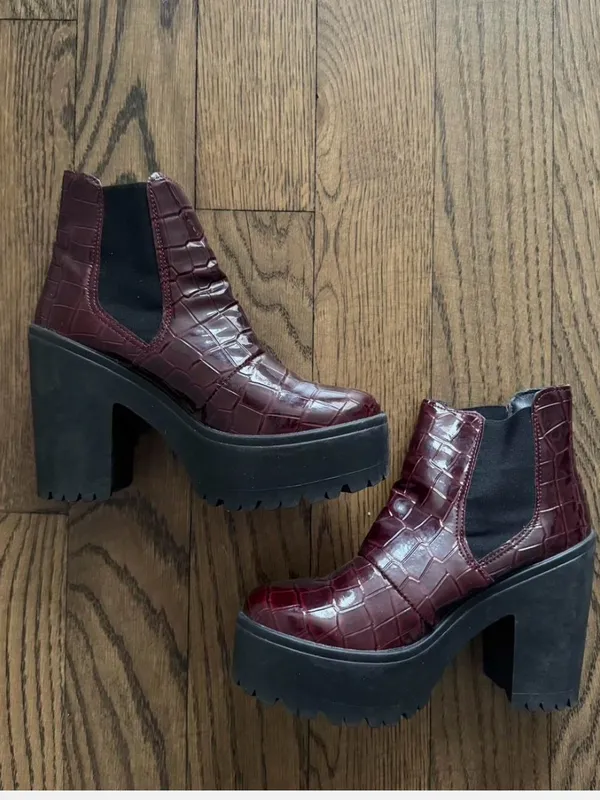Platform Chelsea Booties in Burgundy Crocodile - Image 2