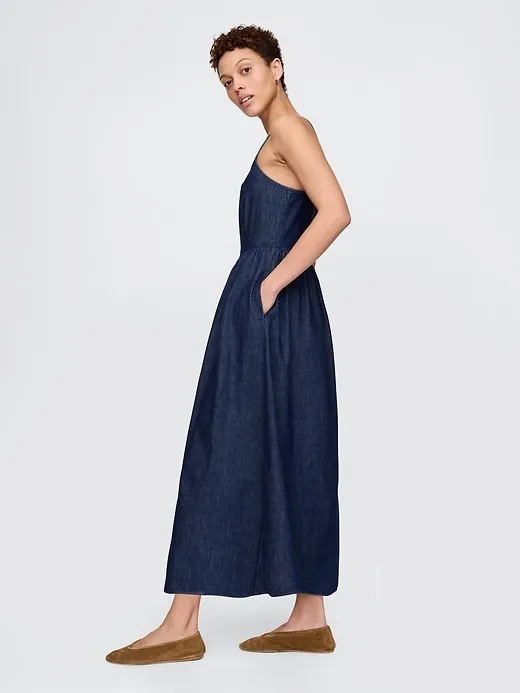 NEW GAP Navy Blue Fit & Flare Denim Drop-Waist Maxi Dress Size L - Image 2