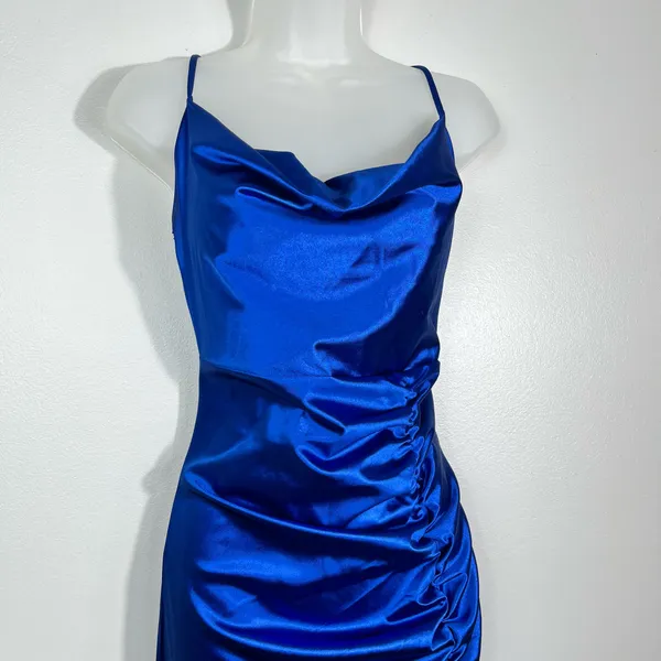Liz & Sara Royal Blue Shiny Satin Ruched High Leg Slit Party Dress Large L Prom - Image 5