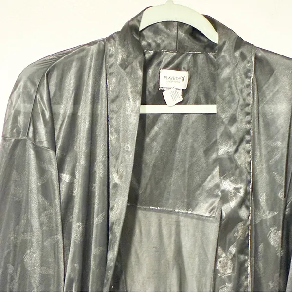 Playboy Size Small/Medium Black Satin Bunny‎ Print Belted House Bath Robe - Image 2