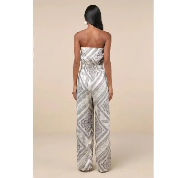 Lulu’s Western Direction Ivory Scarf Print Satin Strapless Jumpsuit size L - Image 2