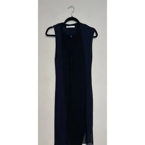 Zara Knit Asymmetrical Combination Color Block Midi Dress Black/Navy Blue Sz S - Image 4