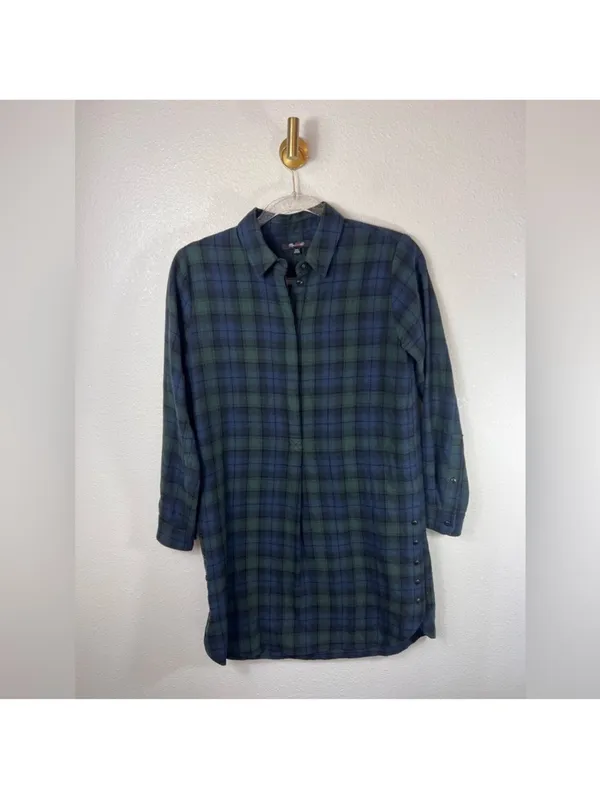 Madewell Navy and Green Plaid Flannel Mini Shirt Dress - Image 2