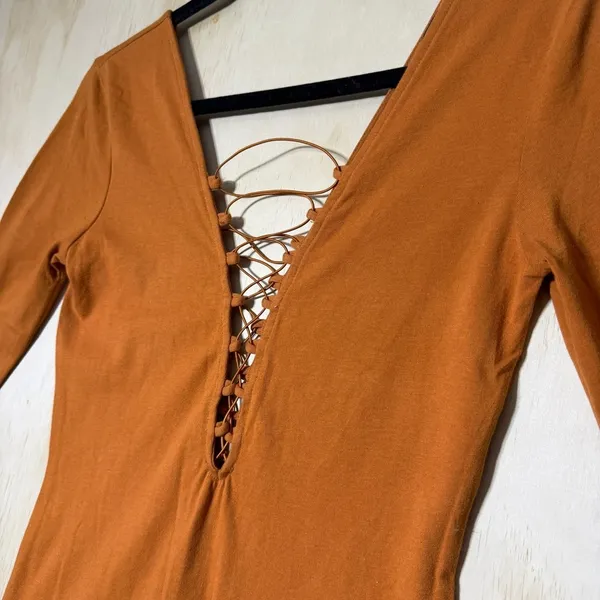 Forever‎ 21 Rust Lace-Up Long Sleeve Midi Bodycon Dress Women’s Small - Image 3