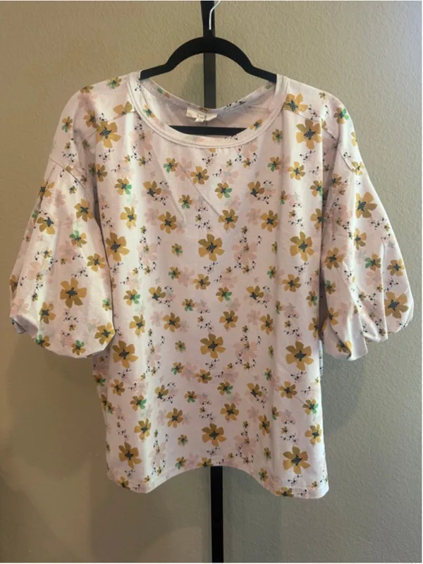 Easel Floral Print Bubble Sleeve Top in Mustard Size S - Image 2