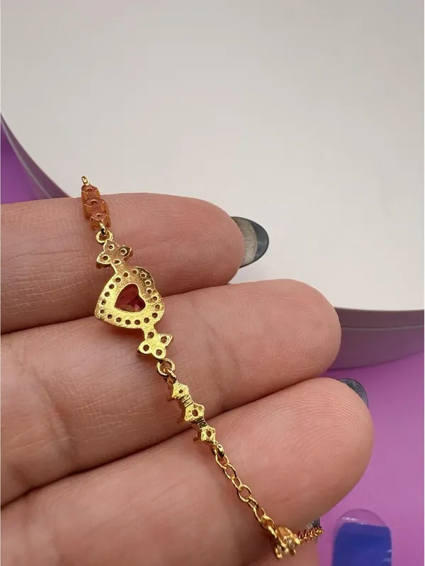 Gold Tone Chain Bracelet with Heart-Shaped Red Stone and Crystal Accents - Image 6