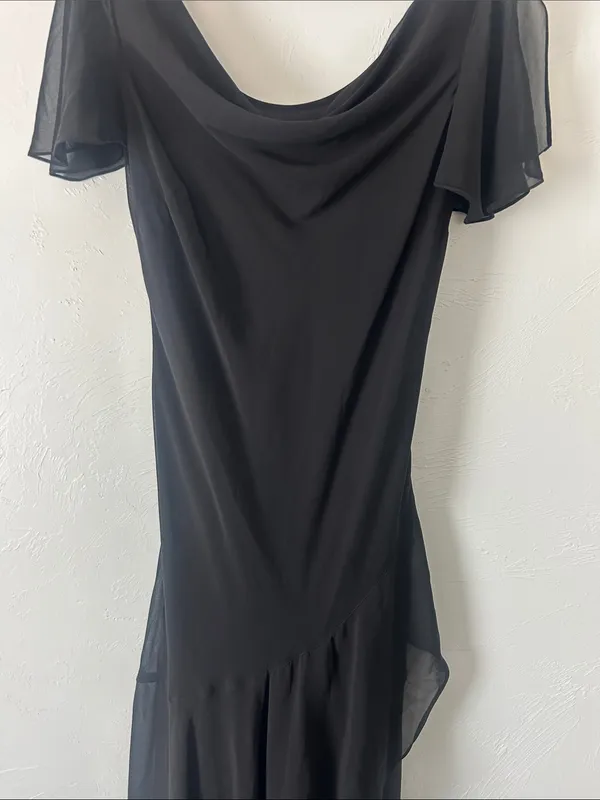 Eva Blue Black Draped Cowl Neck Drop Waist Midi Ruffle Dress w Flutter Sleeve - Image 3