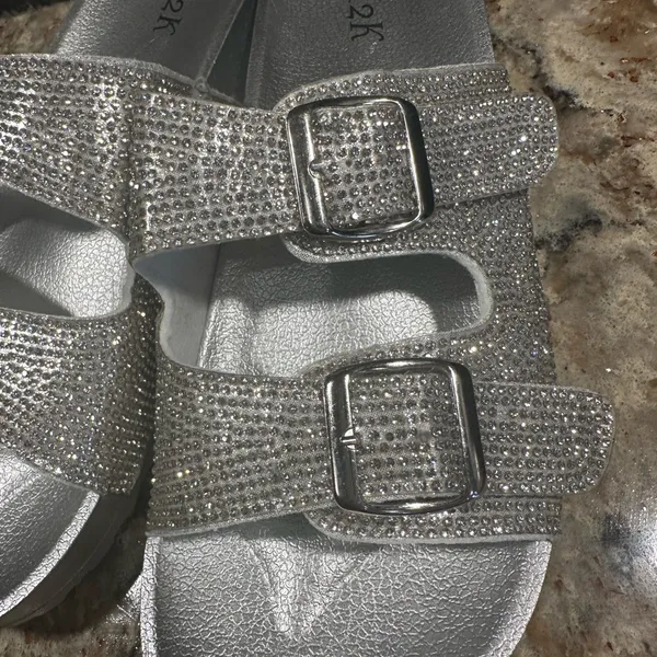 H2K Espen Silver Glitter Double Buckle Adjustable Comfort Size 9 Slides Sandal - Image 3