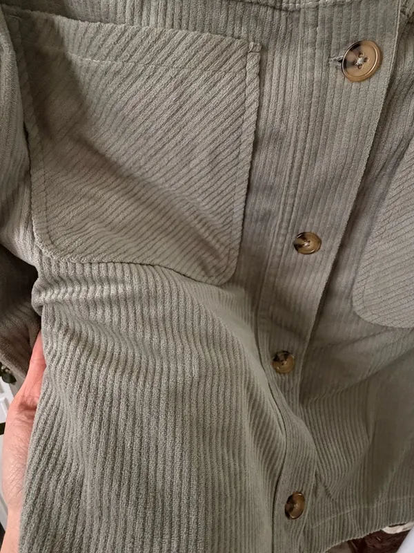Democracy Women's Fall Soft Corduroy Cropped Jacket Lapel Collar Gray Green Tone Button-Up - Image 3