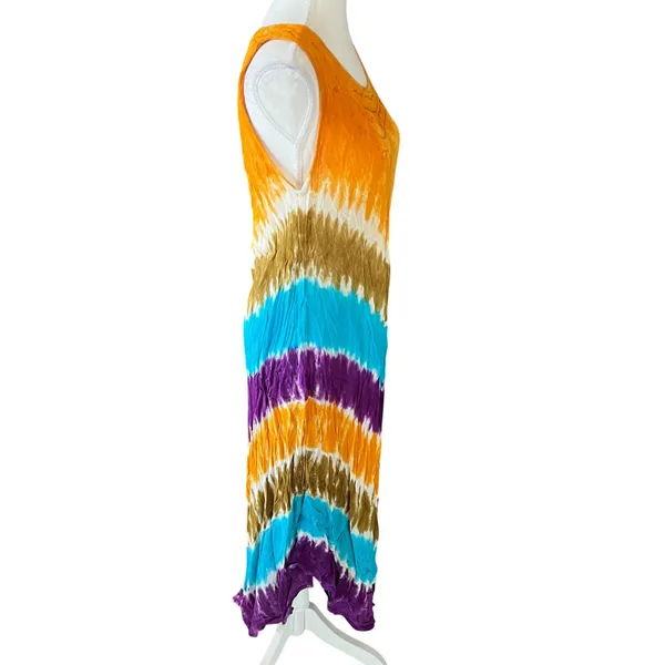 Boho Tie Dye‎ Handkerchief Hem Maxi Dress Sleeveless Orange Purple Turquoise L - Image 4