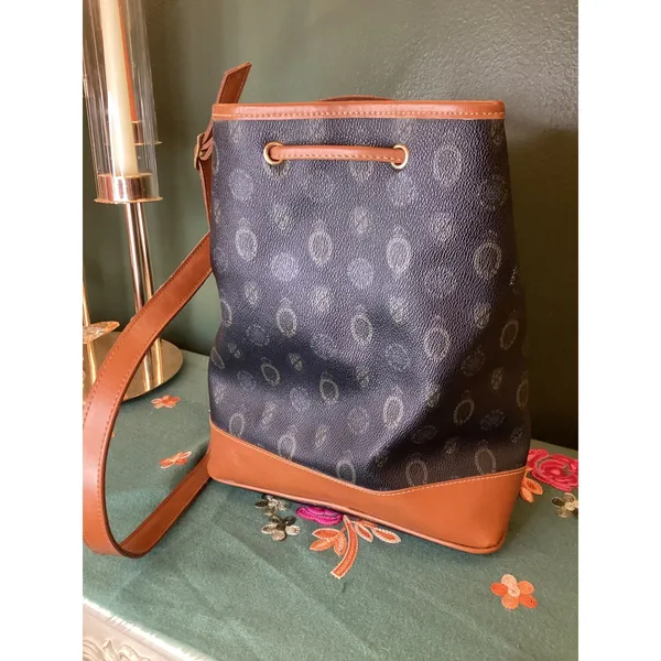 Capezio Bucket‎ Bag Blk Monogram Leather Trim Drawstring Shoulder Bag - Image 2