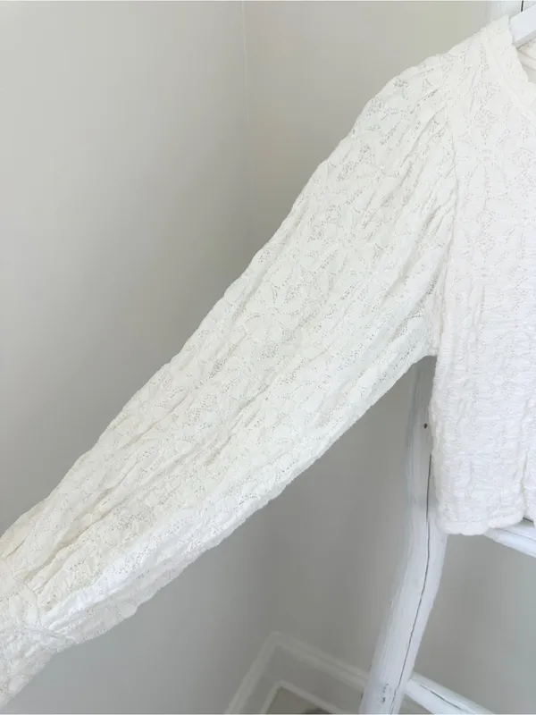 Free People Jasmine Tea Time Cream Textured Puff-Sleeve Knit Top Keyhole Back - Image 4