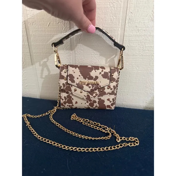 Steve Madden Cow Print Micro Crossbody Bag Brown White Gold Studded Mini Handbag - Image 2