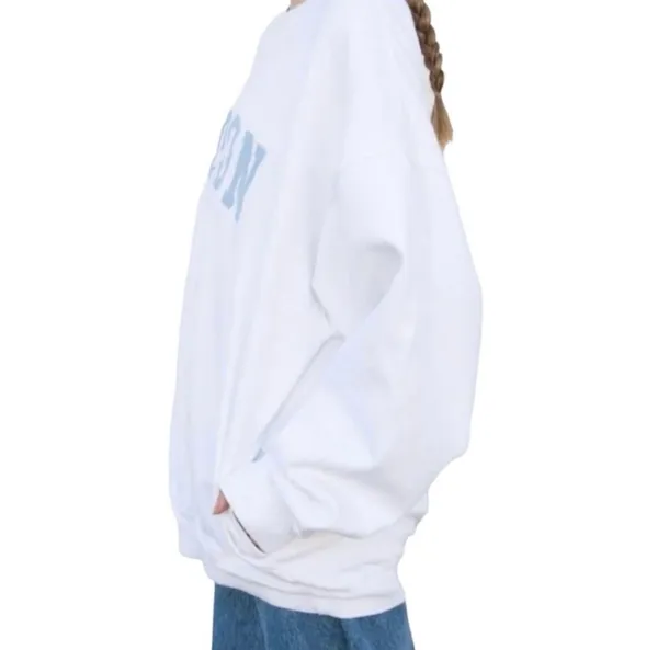 RARE Brandy Melville Oversized Boston Sweatshirt Pockets Cut Neck White Blue S M - Image 3