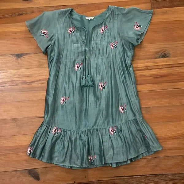 Tularosa Carson Caledon Green Silk Cotton Embroidered Tunic Mini Dress XS - Image 4