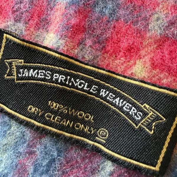 James‎ Pringle Weavers Wool Scarf Blue Red Plaid Tartan Made in Scotland Fringe - Image 3