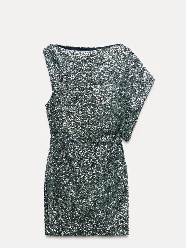 NWT ZARA SEQUINED Asymmetric MINI DRESS Navy Silver Festive Days - Image 8
