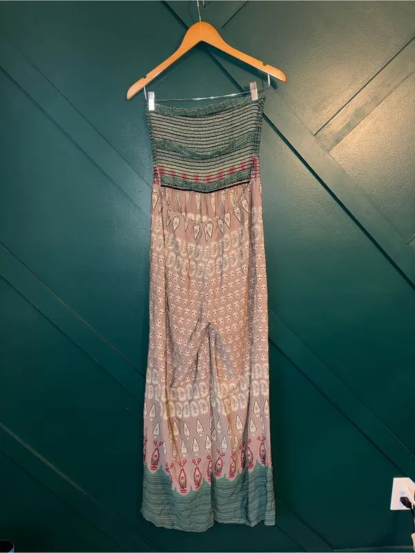 Audrey Boho Strapless Open Back Wide Leg Jumpsuit Green Taupe Print - Image 4