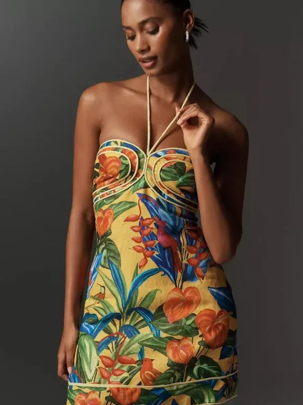 NWOT Farm Rio Bright Nature Linen Halter Mini Dress Size XS - Image 4