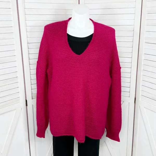 Free People All Mine Sweater Slouchy Alpaca Blend Raspberry Pink Large Oversized - Image 2