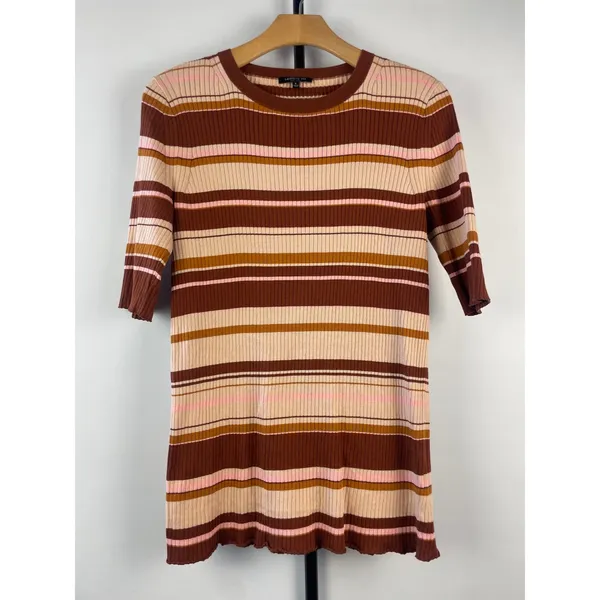 Lafayette 148 New York Striped Ribbed Silk Cotton Knit Top Brown Pink Large - Image 2