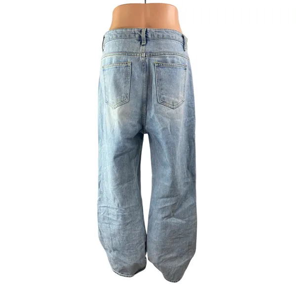 12th Tribe Women's Blue Distressed High Waist Baggy Wide Leg Denim Jeans Pants L - Image 2