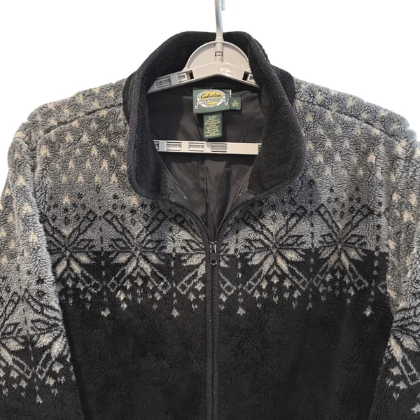 Cabelas Womens Fleece Jacket Black Gray Snowflake Full Zip Outerwear XL VTG‎ - Image 2