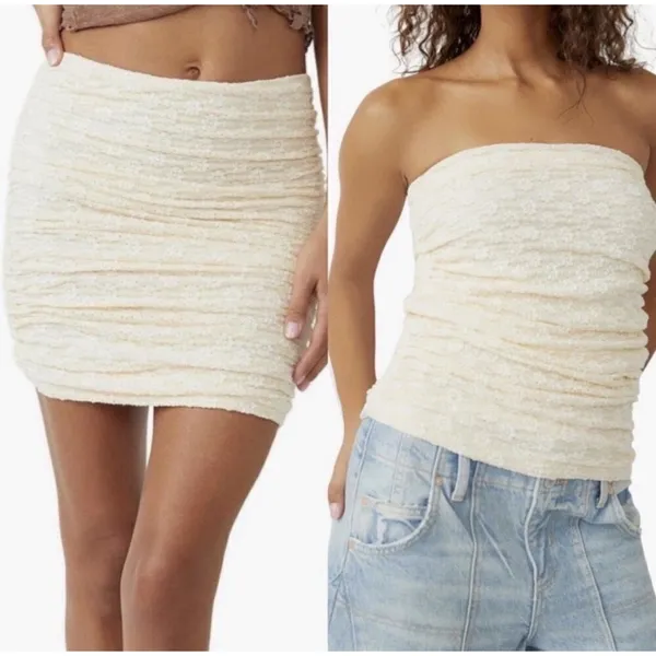 FP One By Free People Ona Ruched Cream Convertible Mini Skirt Shirt‎ Women's XS - Image 2