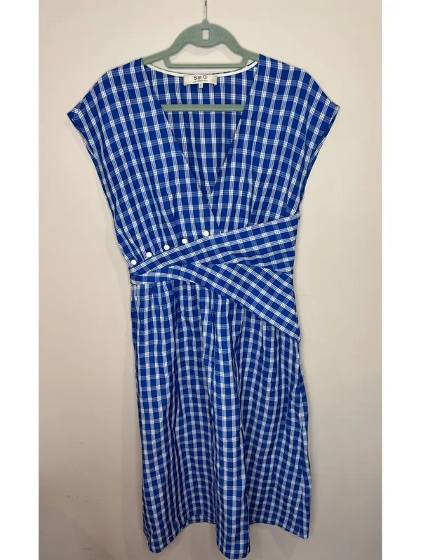 Sea New York Blue Gingham Midi Dress Sz 6 - Image 2
