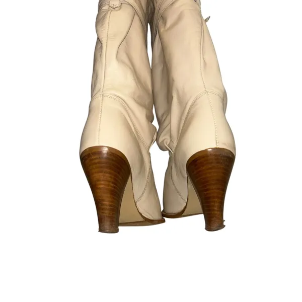 Dingo Vintage Cream Leather Slouch Boots Bow Tie Stacked Heel Pointed Toe Size 9 - Image 6